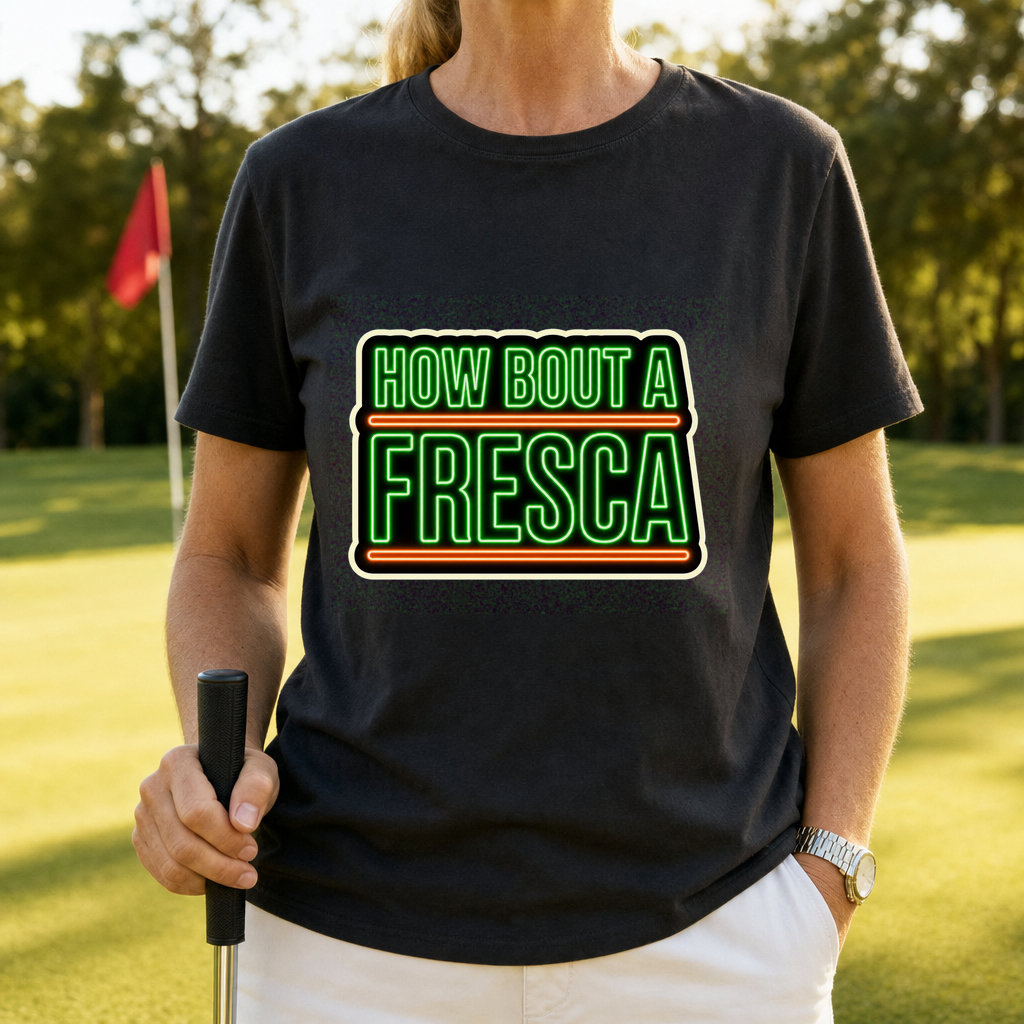 How Bout A Fresca Tee worn on the golf course, Black