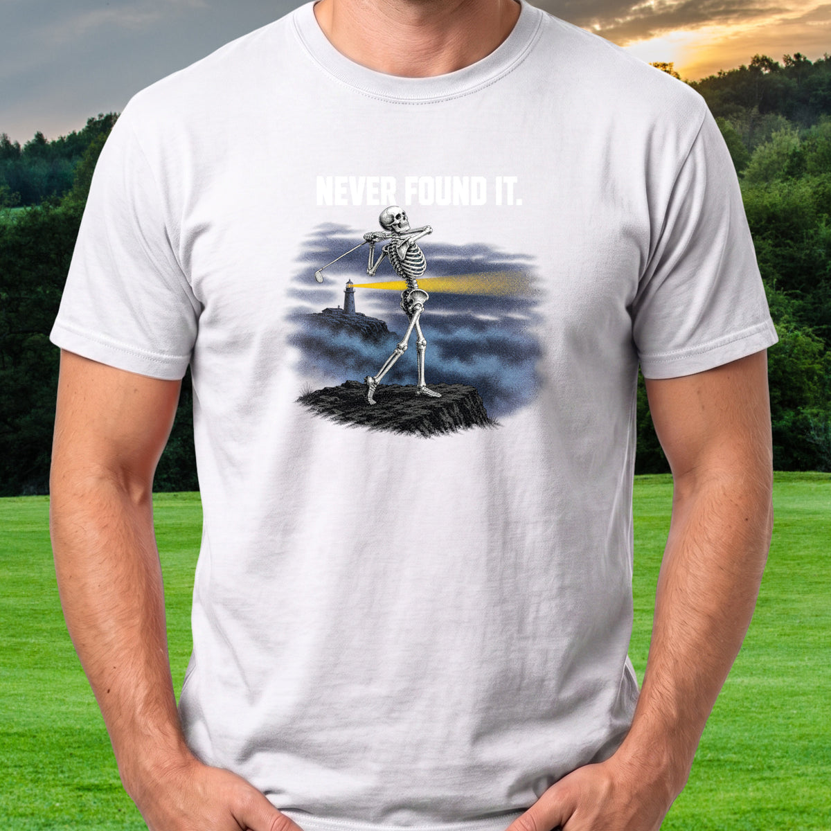 Never Found It Skeleton Tee worn on the golf course, White