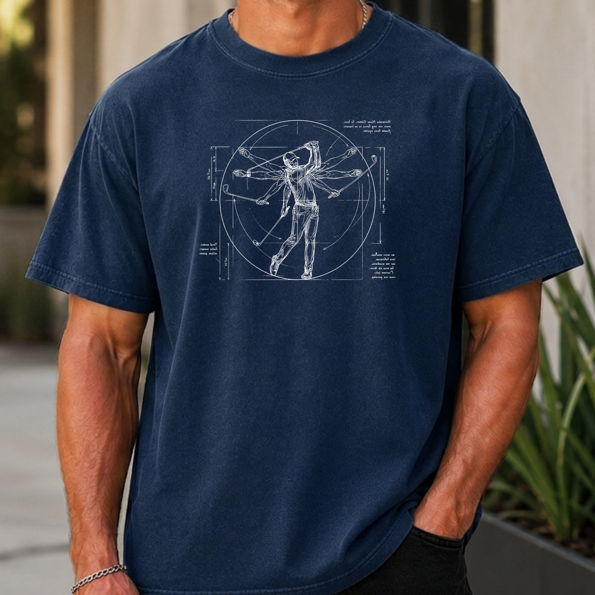 Da Vinci Swing Premium Tee worn, True Navy