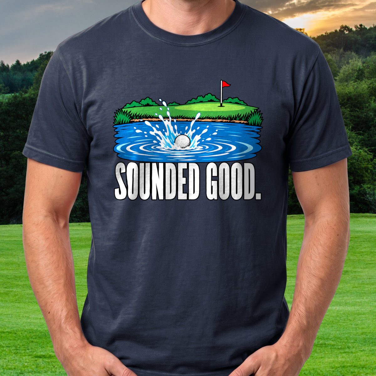Sounded Good Pond Tee worn on the golf course, Navy