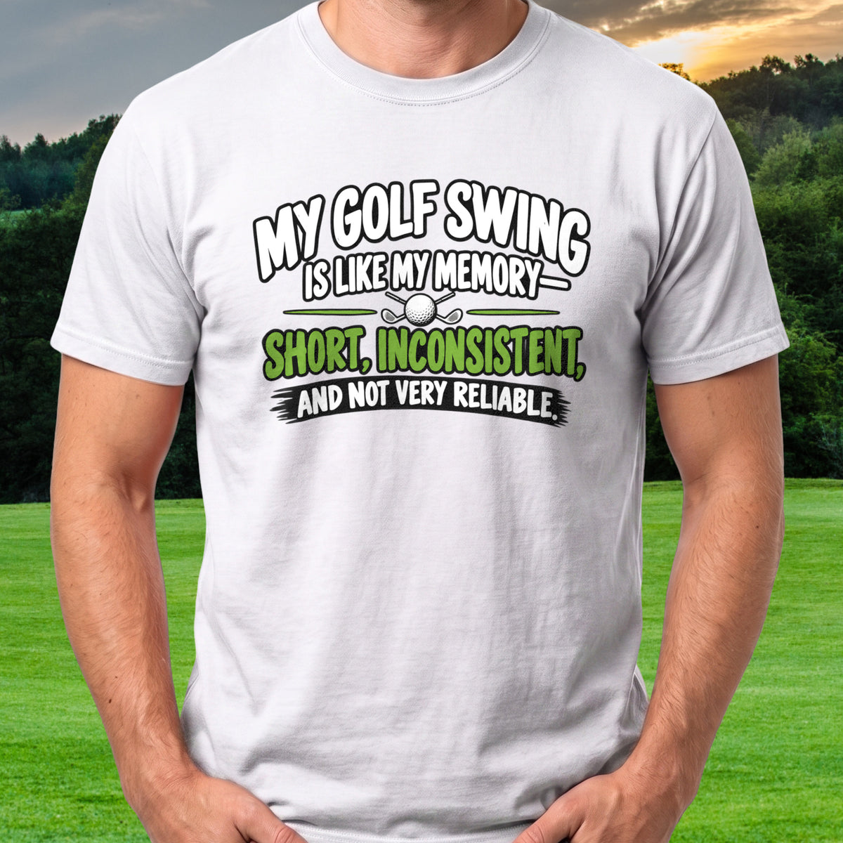My Golf Swing Is Like My Memory Tee worn on the golf course, White