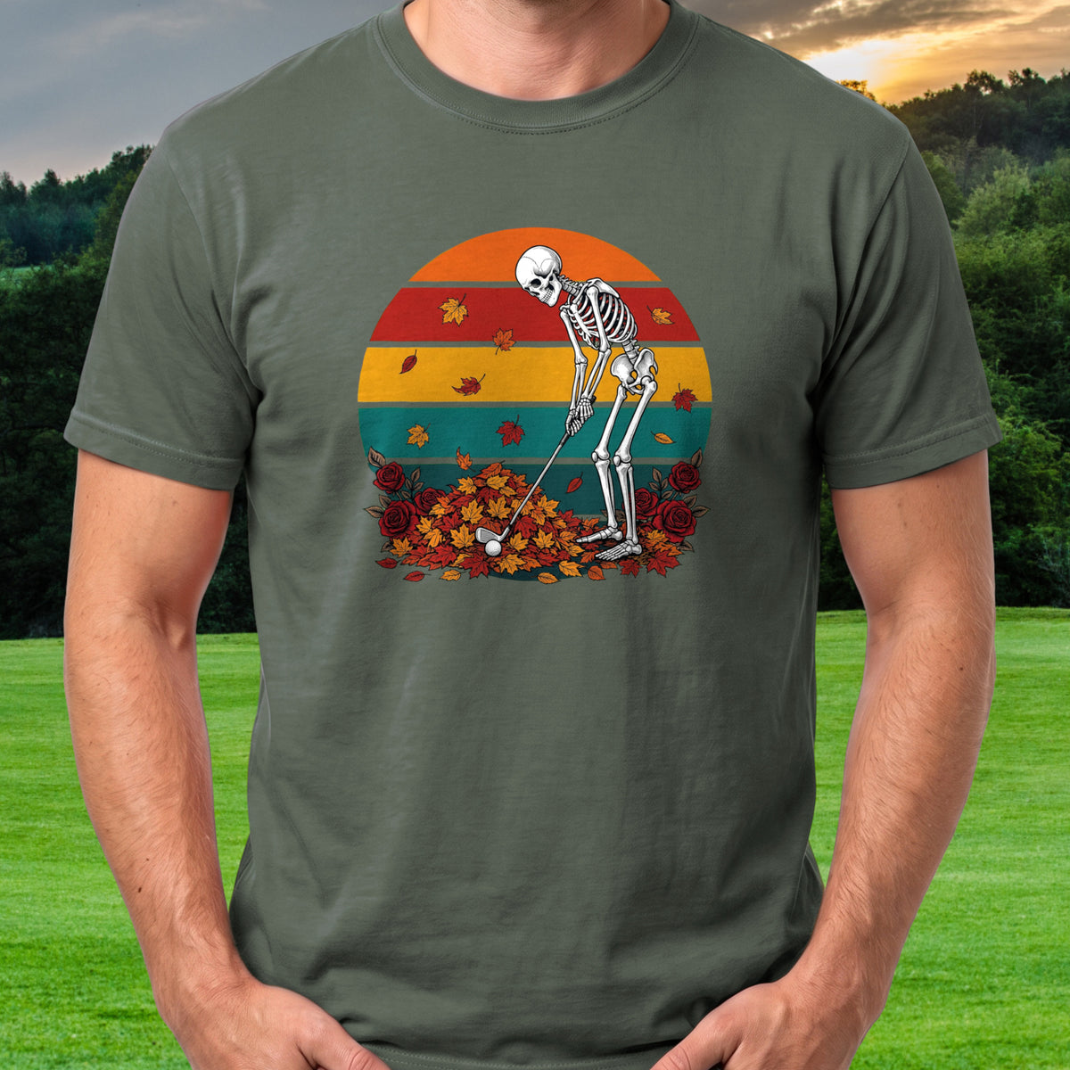 Leaf Rule Tee worn on the golf course, Military Green