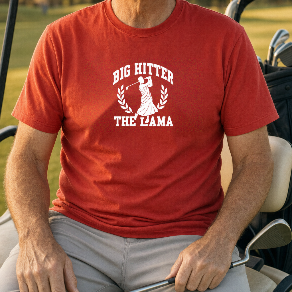 Big Hitter Collegiate Tee worn on the golf course, Red