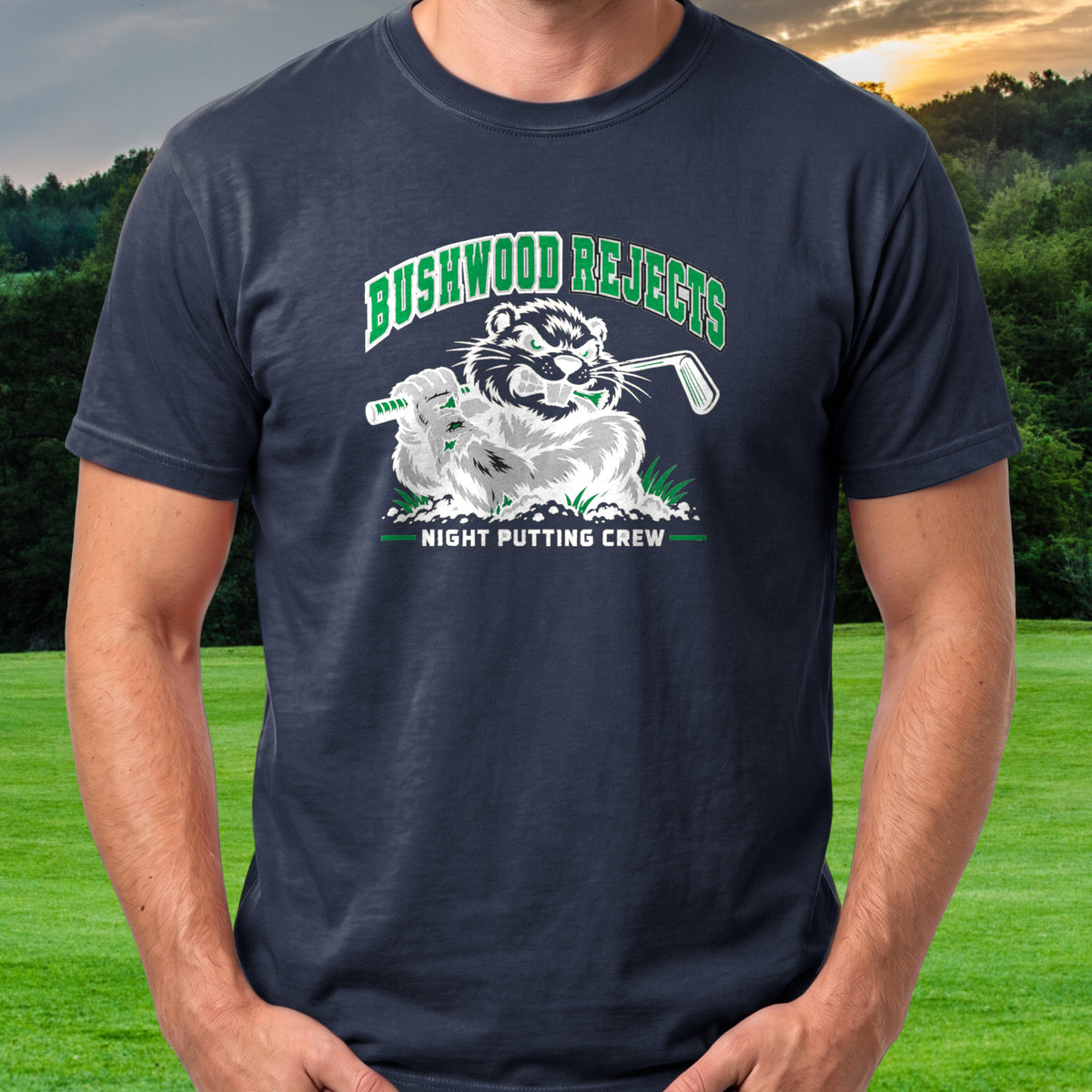Night Putting Crew Tee worn on the golf course, Navy
