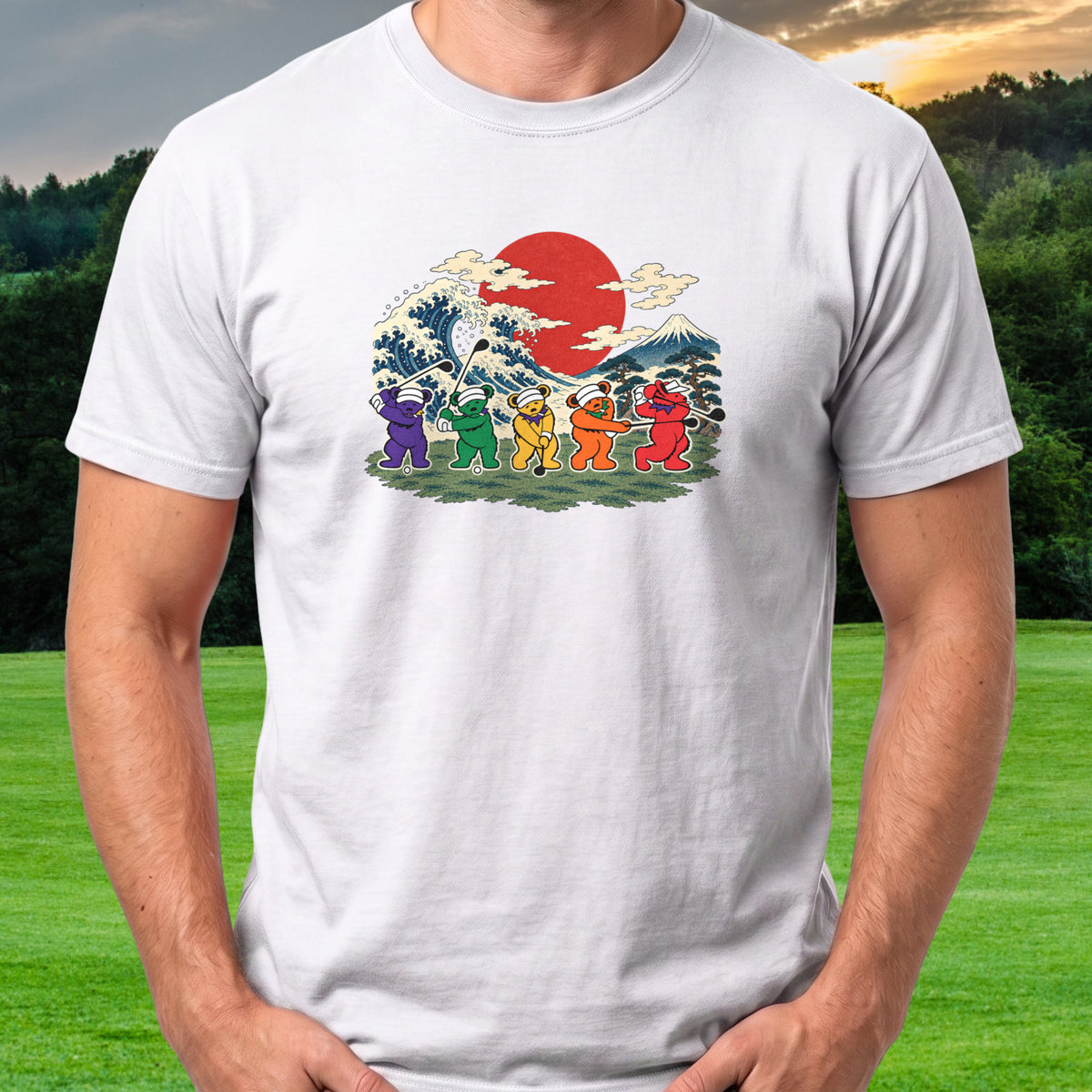 Golf Swing Bears Great Wave Tee worn on the golf course, White