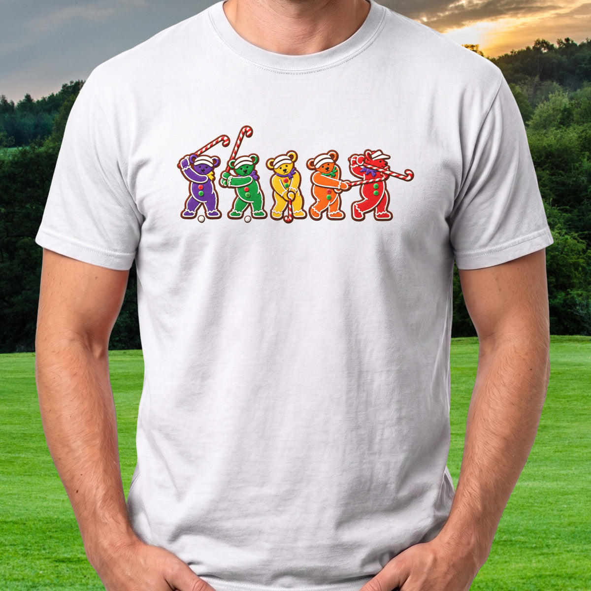Golf Swing Bears Gingerbread Tee worn on the golf course, White