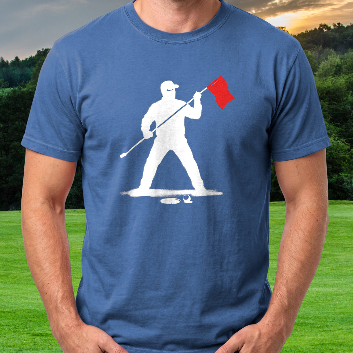 Tending The Pin Tee worn on the golf course, Royal