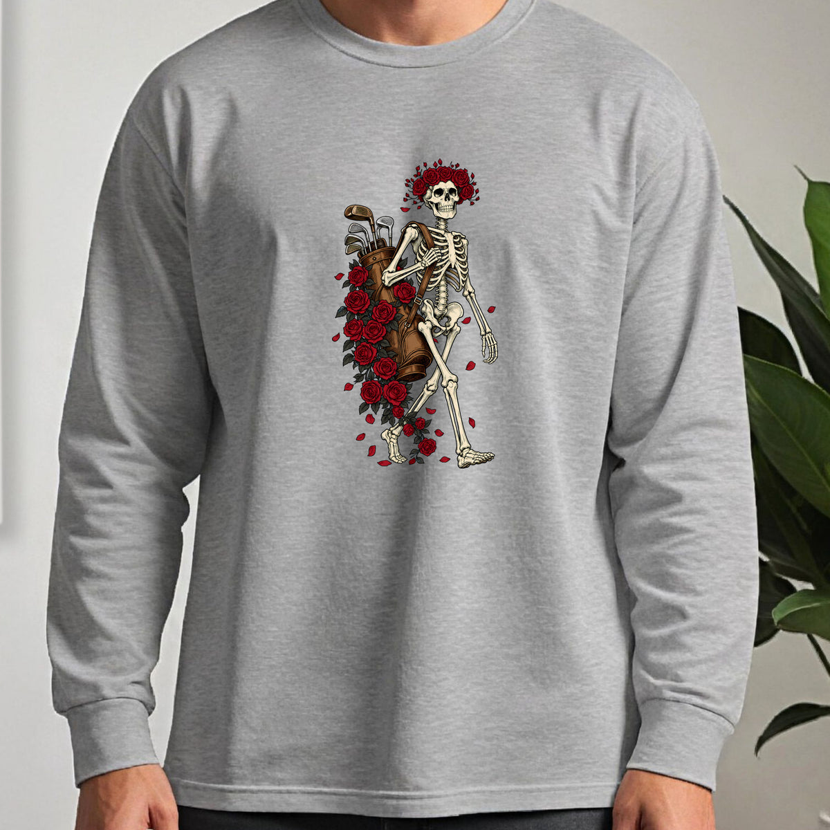 Skeleton Caddie Long Sleeve Tee worn, Sport Grey
