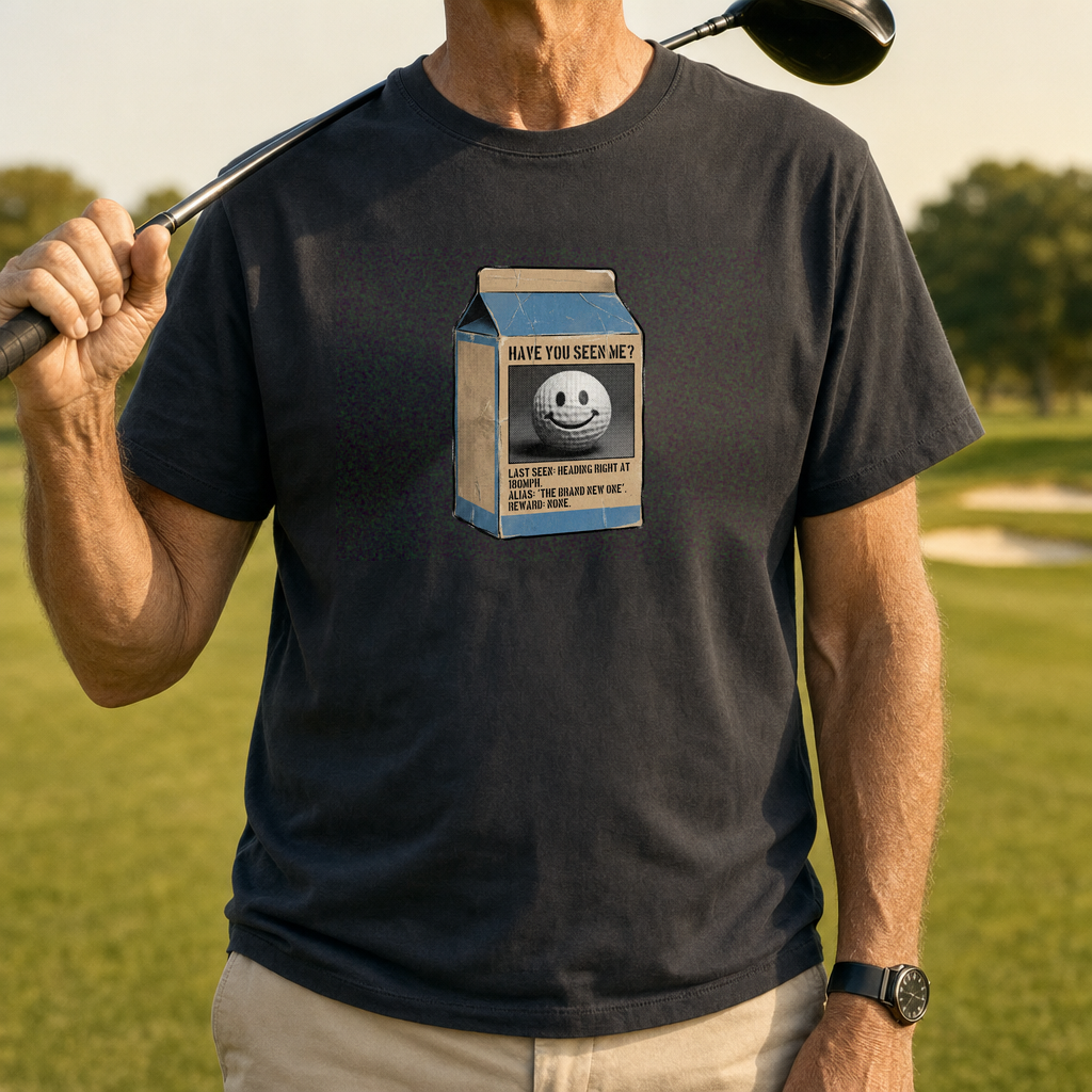 Have You Seen Me Heavyweight Tee worn on the golf course, Pepper