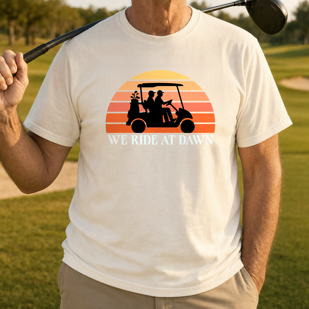 We Ride At Dawn Sunrise Heavyweight Tee worn on the golf course, Ivory