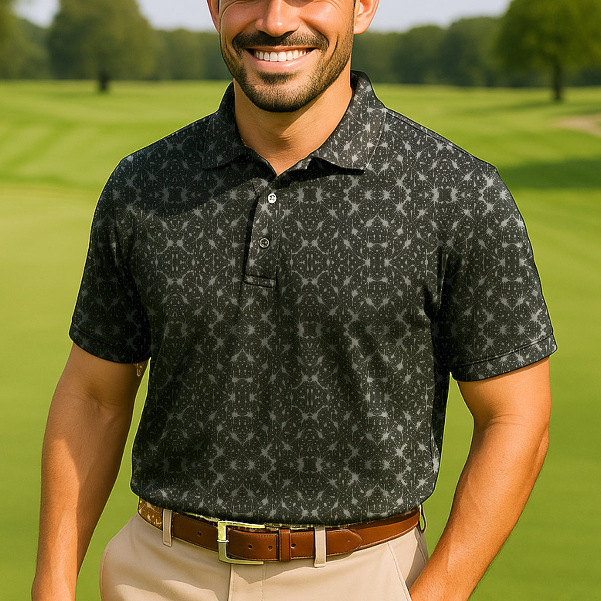Neon Splatter Performance Print Polo worn on the golf course