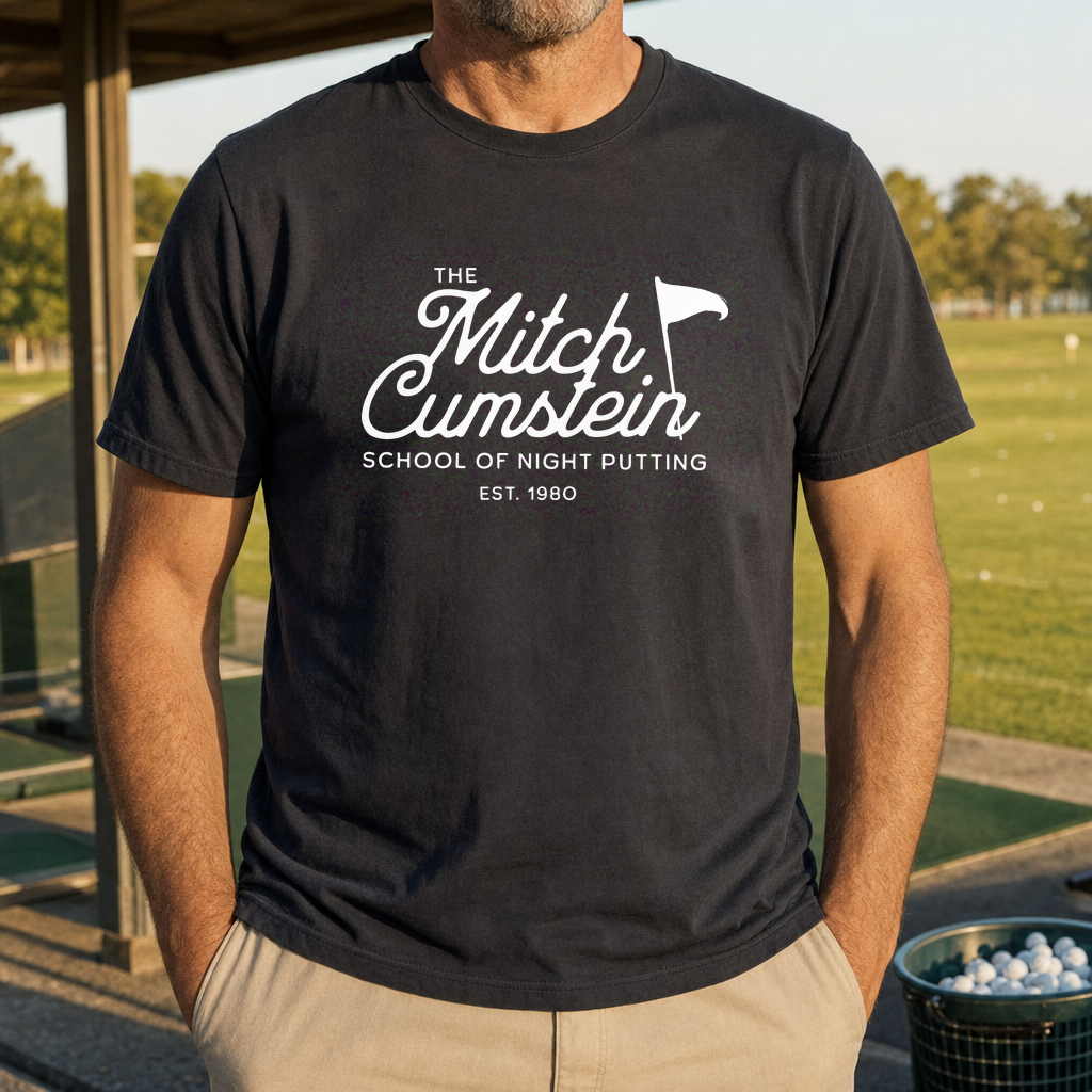 Mitch Cumstein School Of Night Putting Heavyweight Tee worn on the golf course, True Navy
