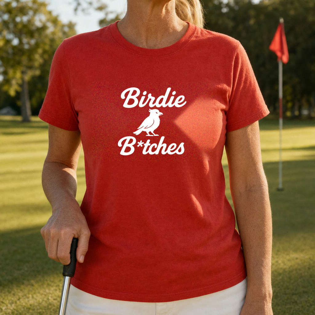 Birdie B*itches Tee worn on the golf course, Red
