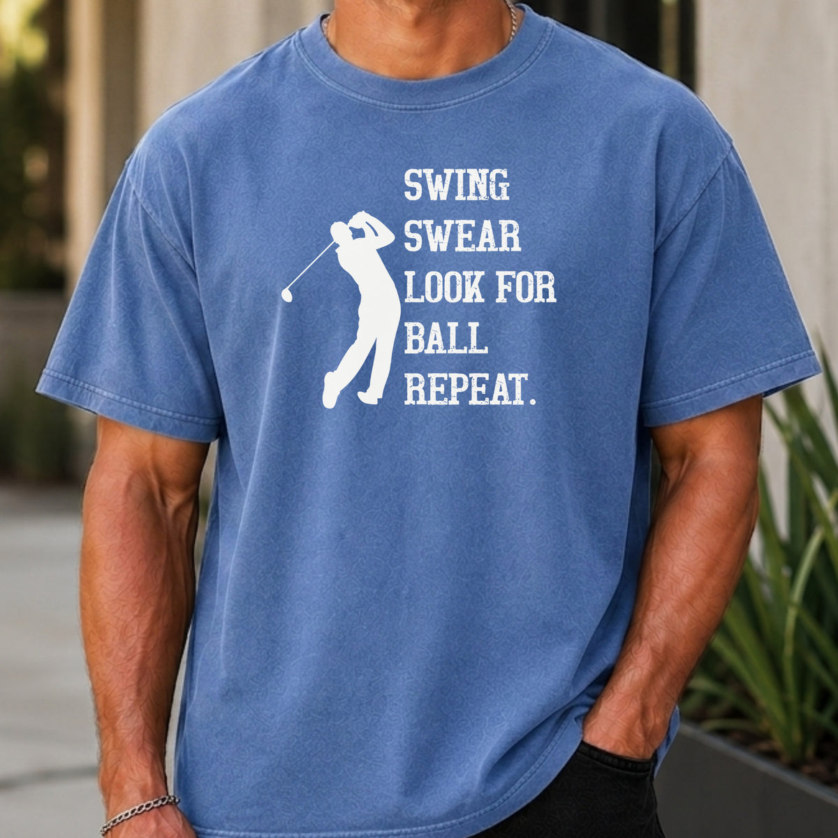 Swing Swear Repeat Premium Tee worn, Mystic Blue