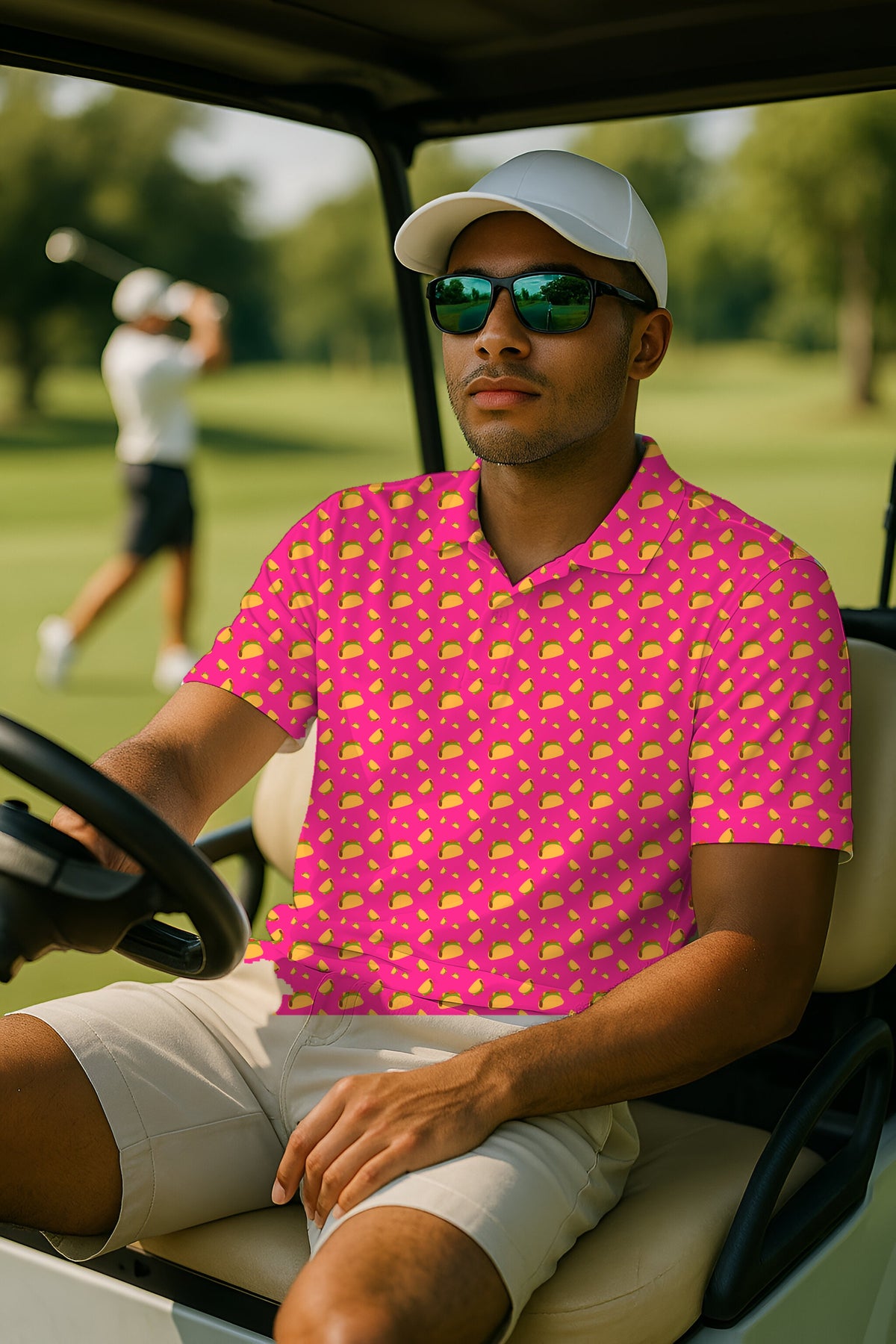 Tacos Performance Print Polo worn on the golf course