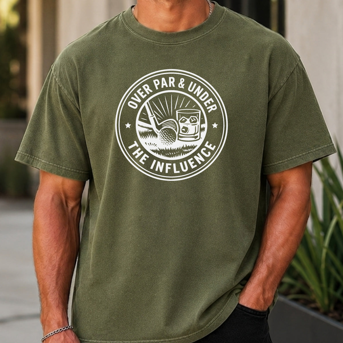 Over Par & Under The Influence Premium Tee worn, Moss
