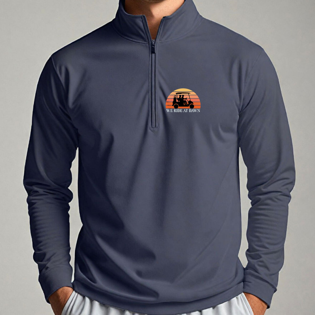 We Ride At Dawn Sunrise Quarter Zip worn, Navy