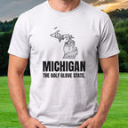 Michigan The Golf Glove State Tee worn on the golf course, White