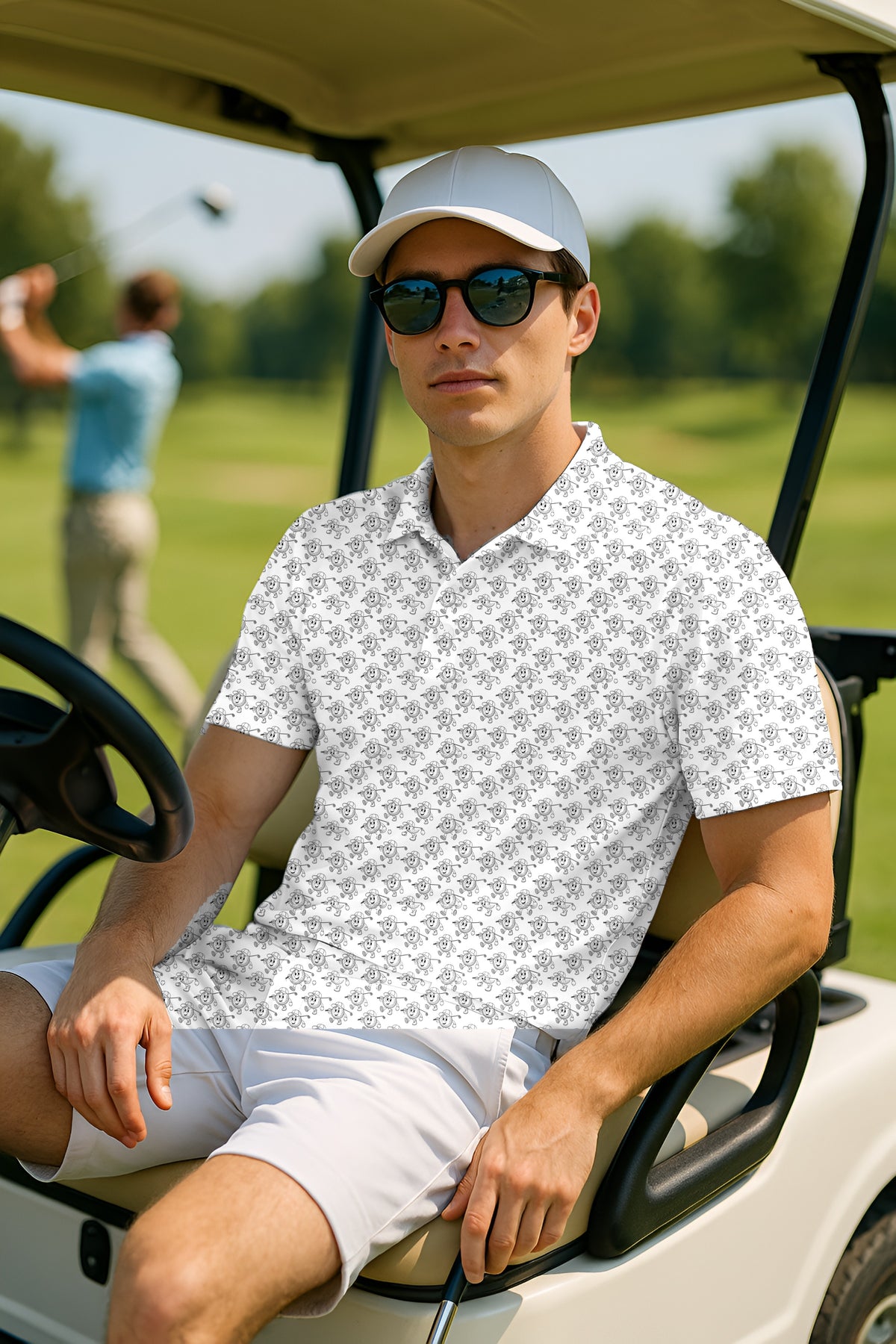 Golf Ball Buddies Performance Print Polo worn on the golf course