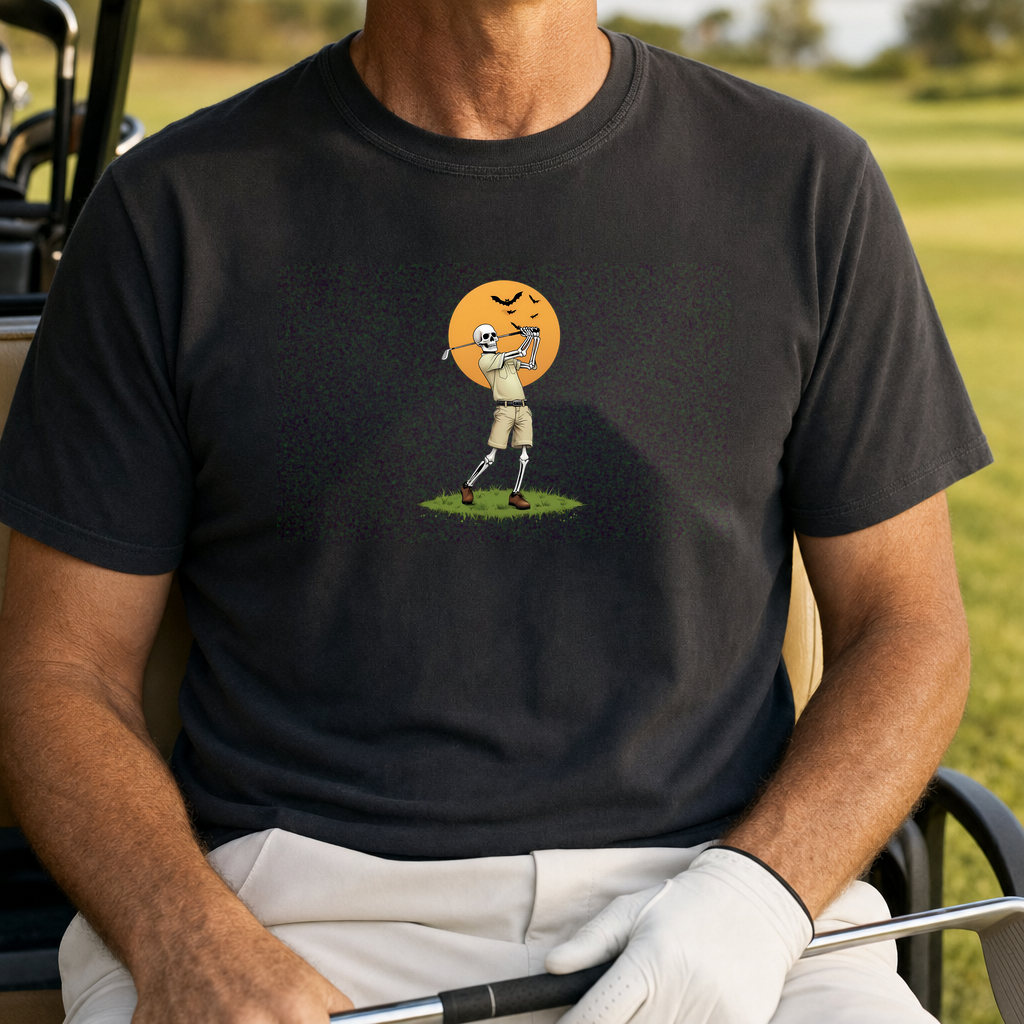 Halloween Haunted Back Nine Tee worn on the golf course, Black