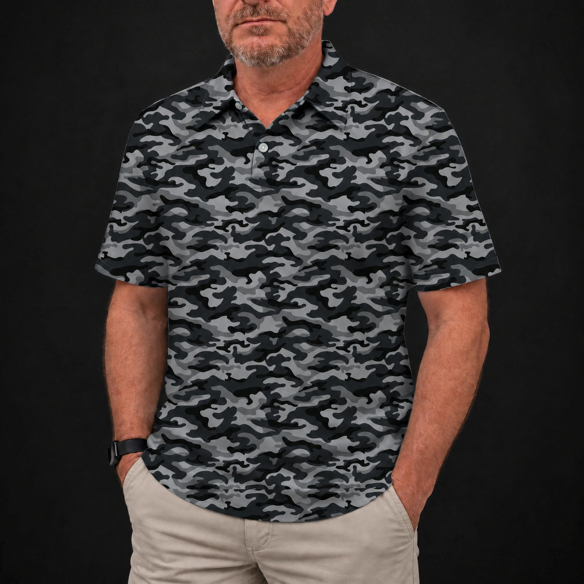 Grey Camo Performance Print Polo worn, front view