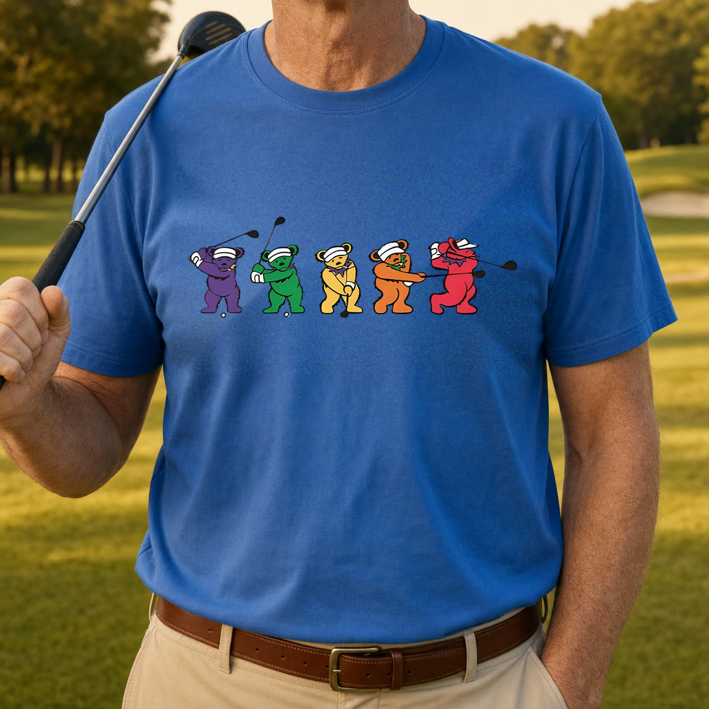 Golf Swing Bears Tee worn on the golf course, Royal