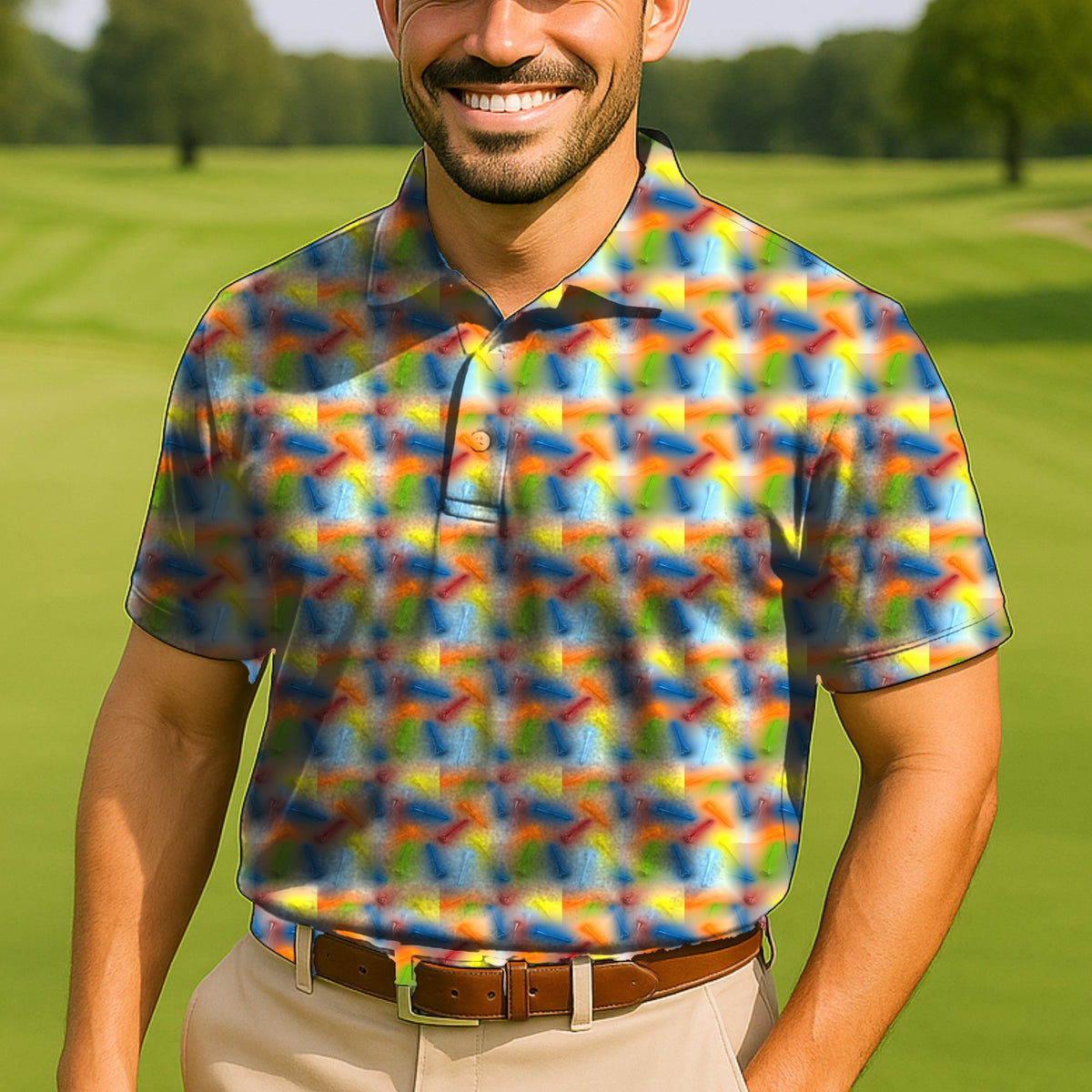 Golf Tees Performance Print Polo worn on the golf course