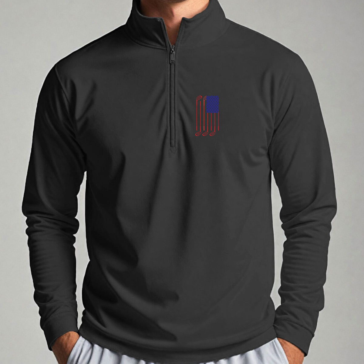 USA Flag Clubs & Balls Quarter Zip worn, Black