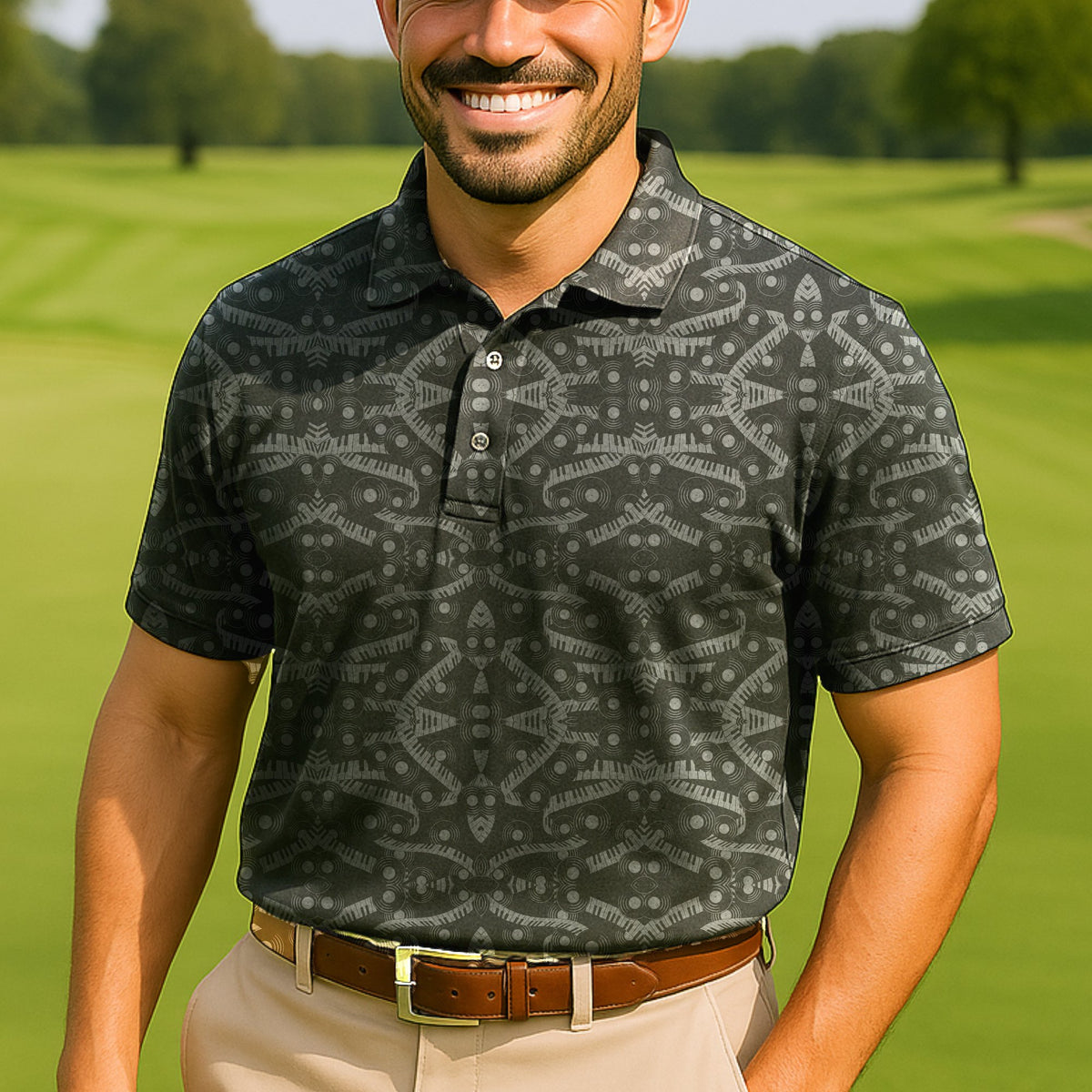 Piano And Vinyl Performance Print Polo worn on the golf course