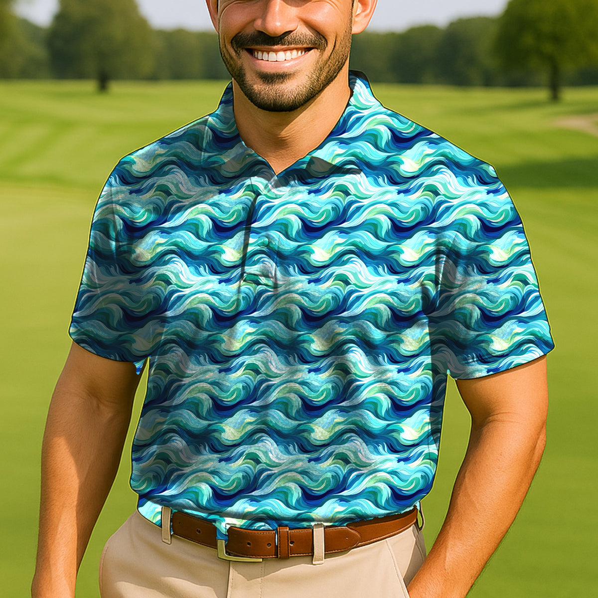 Ocean Swirl Performance Print Polo worn on the golf course