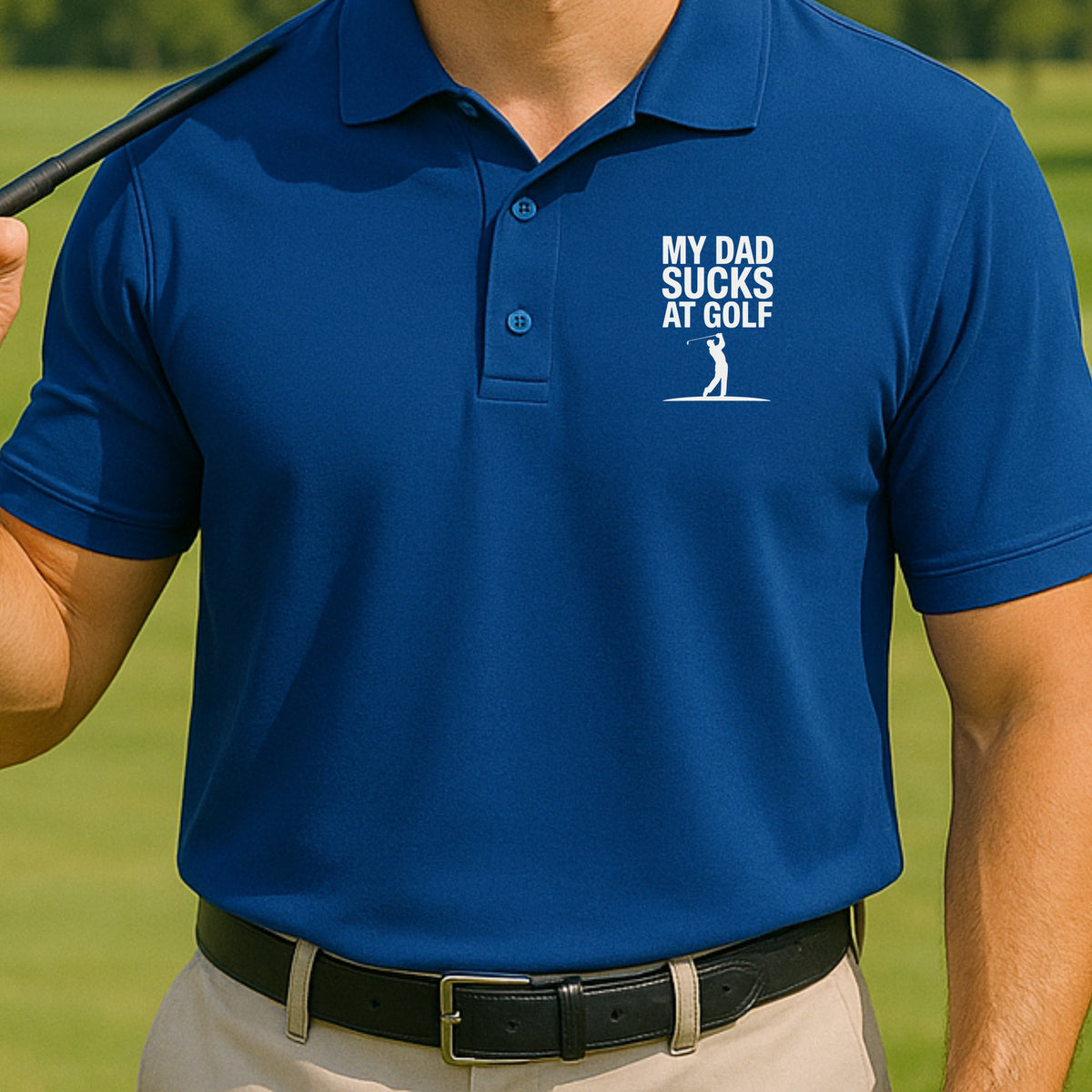 My Dad Sucks At Golf Performance Polo worn on the golf course, Royal