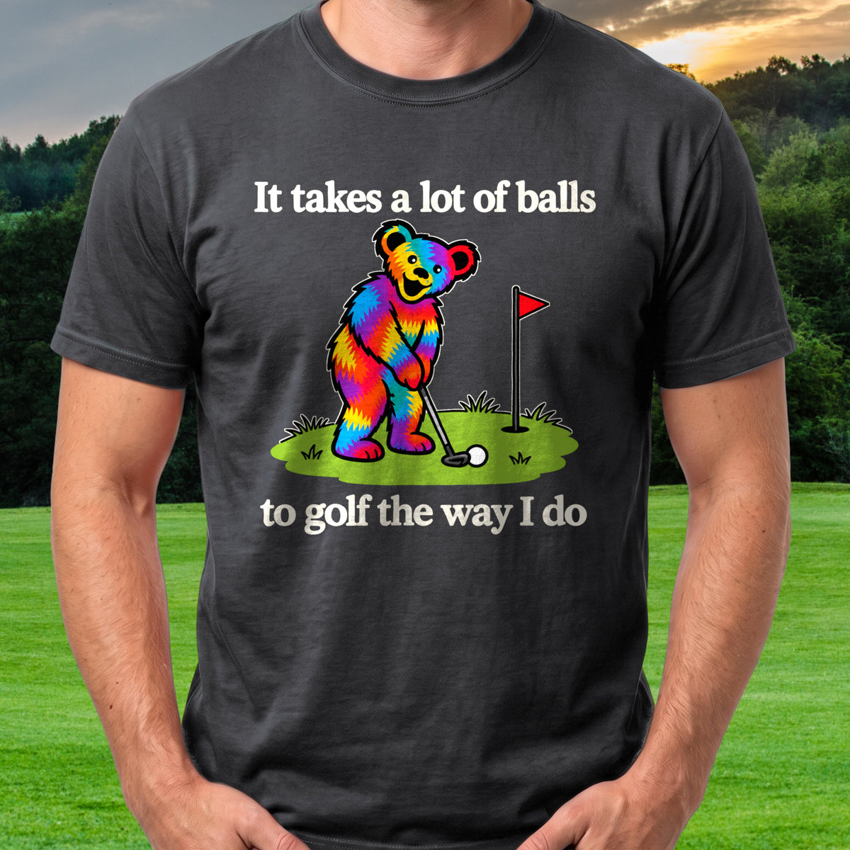 It Takes A Lot Of Balls Bear Tee worn on the golf course, Black