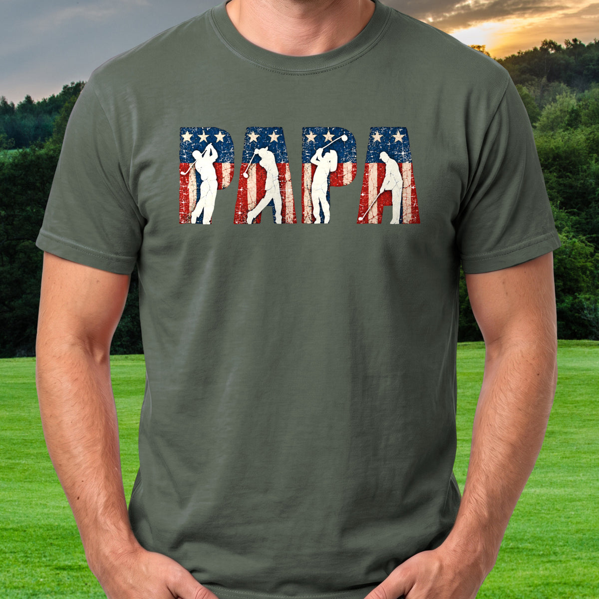 Papa Americana Tee worn on the golf course, Military Green