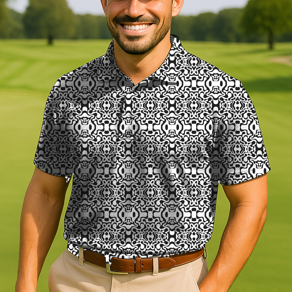 Groovy Swirl Performance Print Polo worn on the golf course