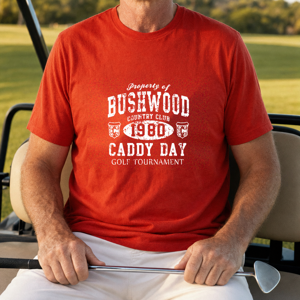 Bushwood Caddy Day Tee worn on the golf course, Red