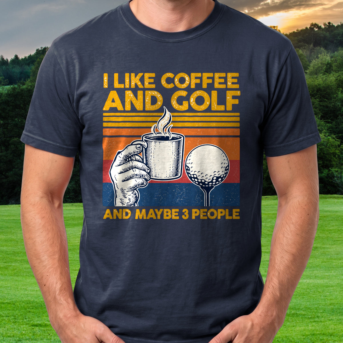 I Like Coffee And Golf Tee worn on the golf course, Navy
