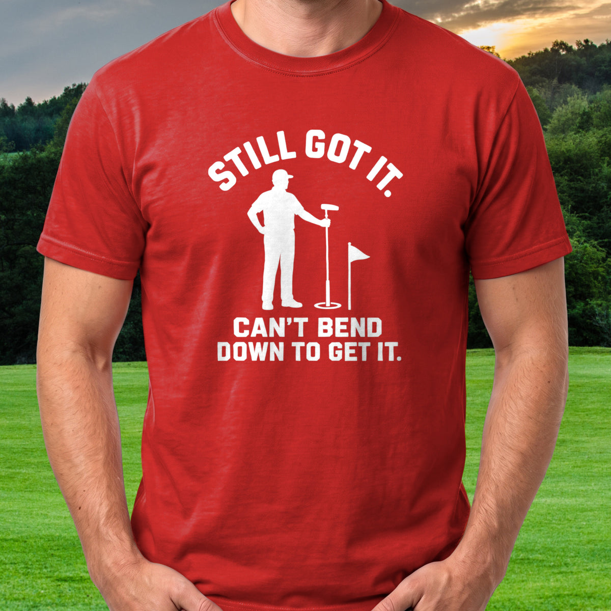 Still Got It Tee worn on the golf course, Red