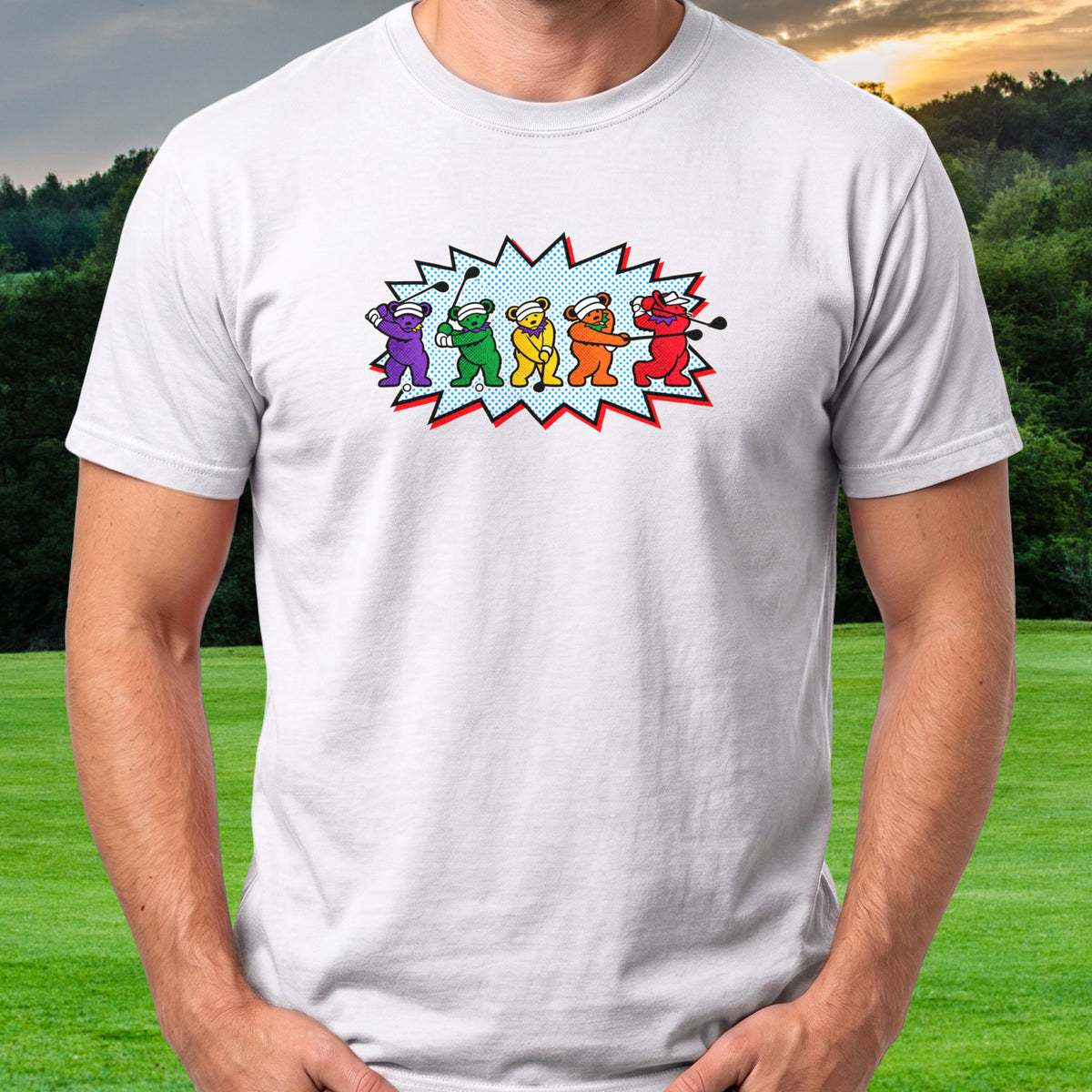 Golf Swing Bears Pop Art Tee worn on the golf course, White