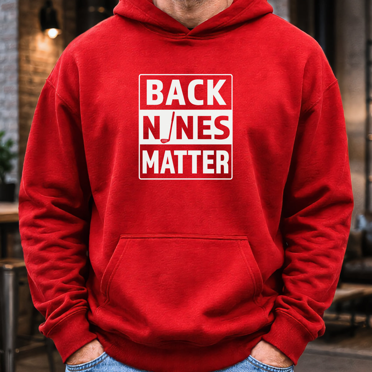 Back Nines Matter Hoodie worn, Red
