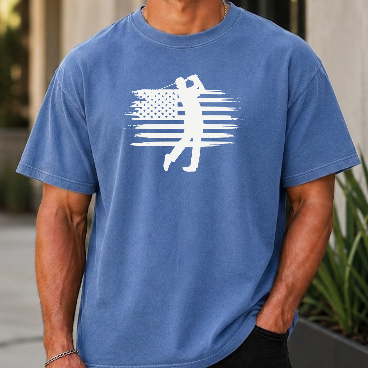 USA Flag Golfer Premium Tee worn, Mystic Blue