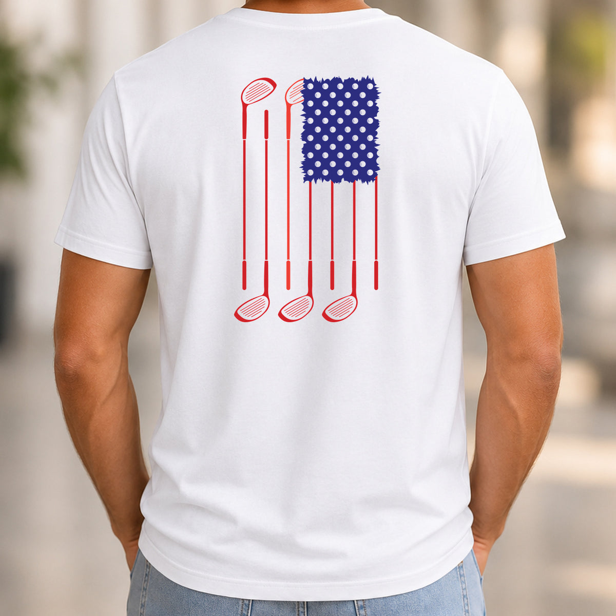 USA Flag Clubs & Balls Back Print Tee worn, White