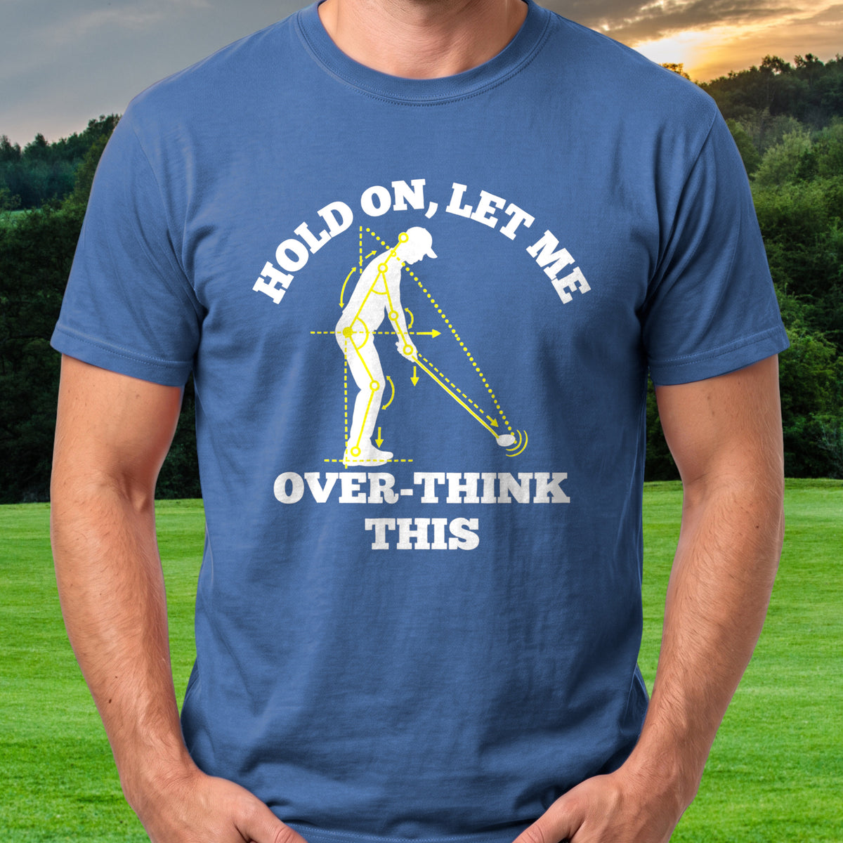 Overthinking Swing Analysis Tee worn on the golf course, Royal