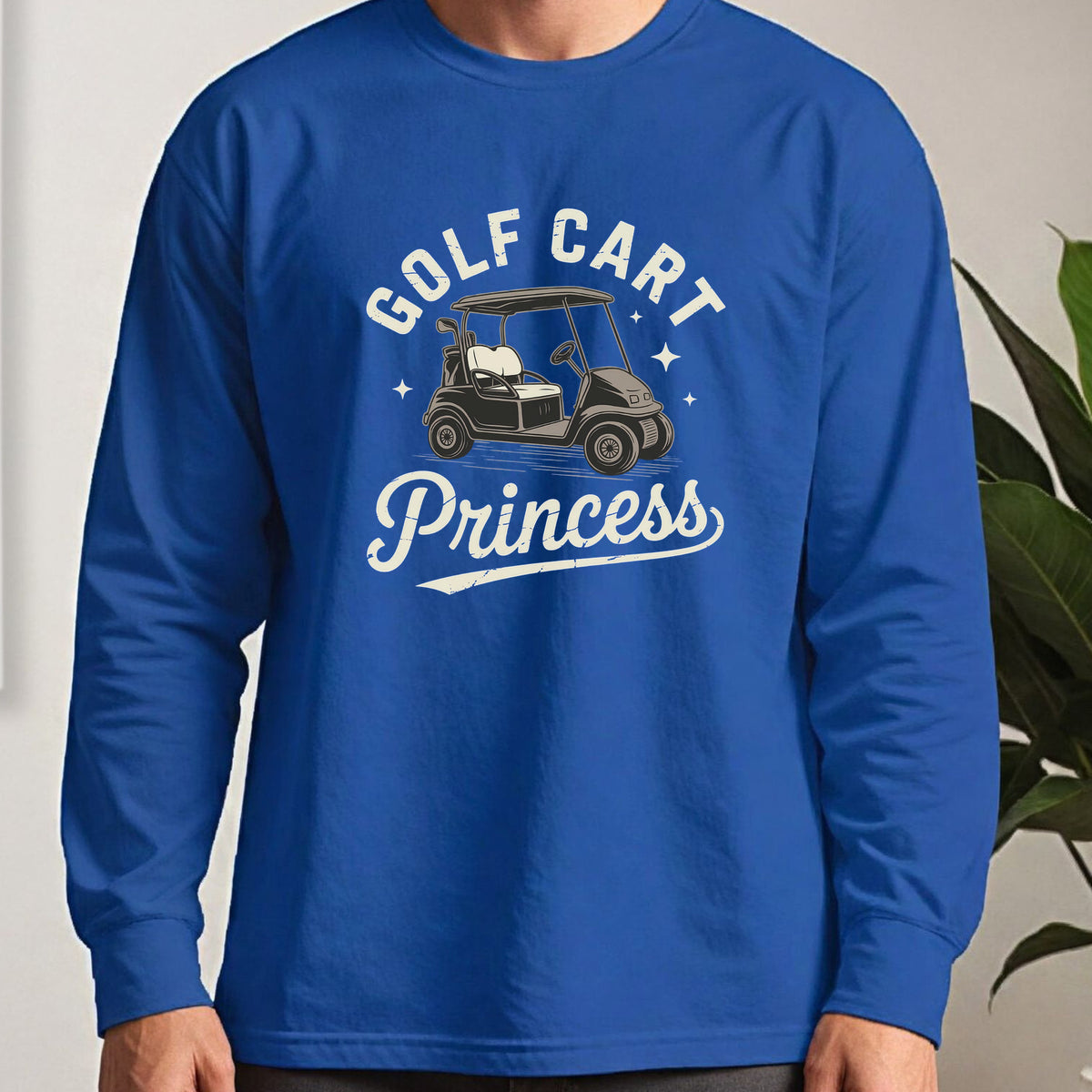 Golf Cart Princess Long Sleeve Tee worn, Royal