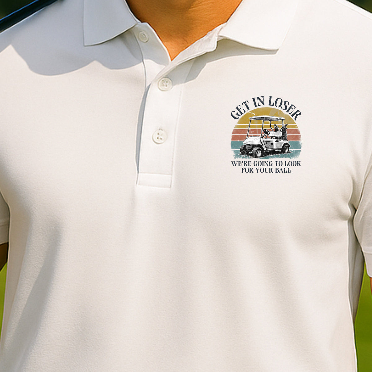 Get In Loser Performance Polo worn on the golf course, White