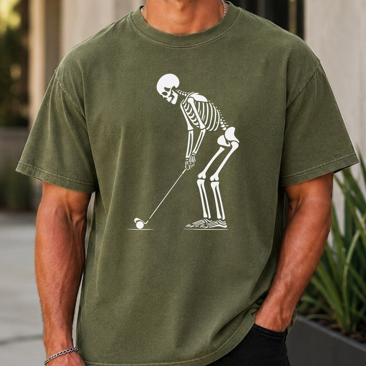 Skeleton Golfer Premium Tee worn, Moss