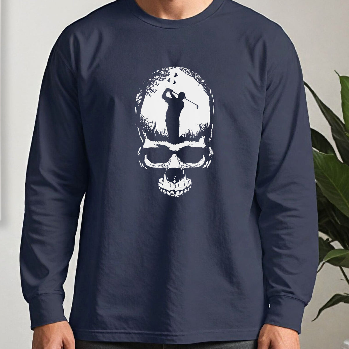 Skull Silhouette Long Sleeve Tee worn, Navy