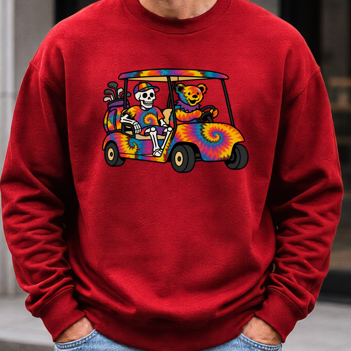 Tie Dye Golf Cart Sweatshirt worn, Red