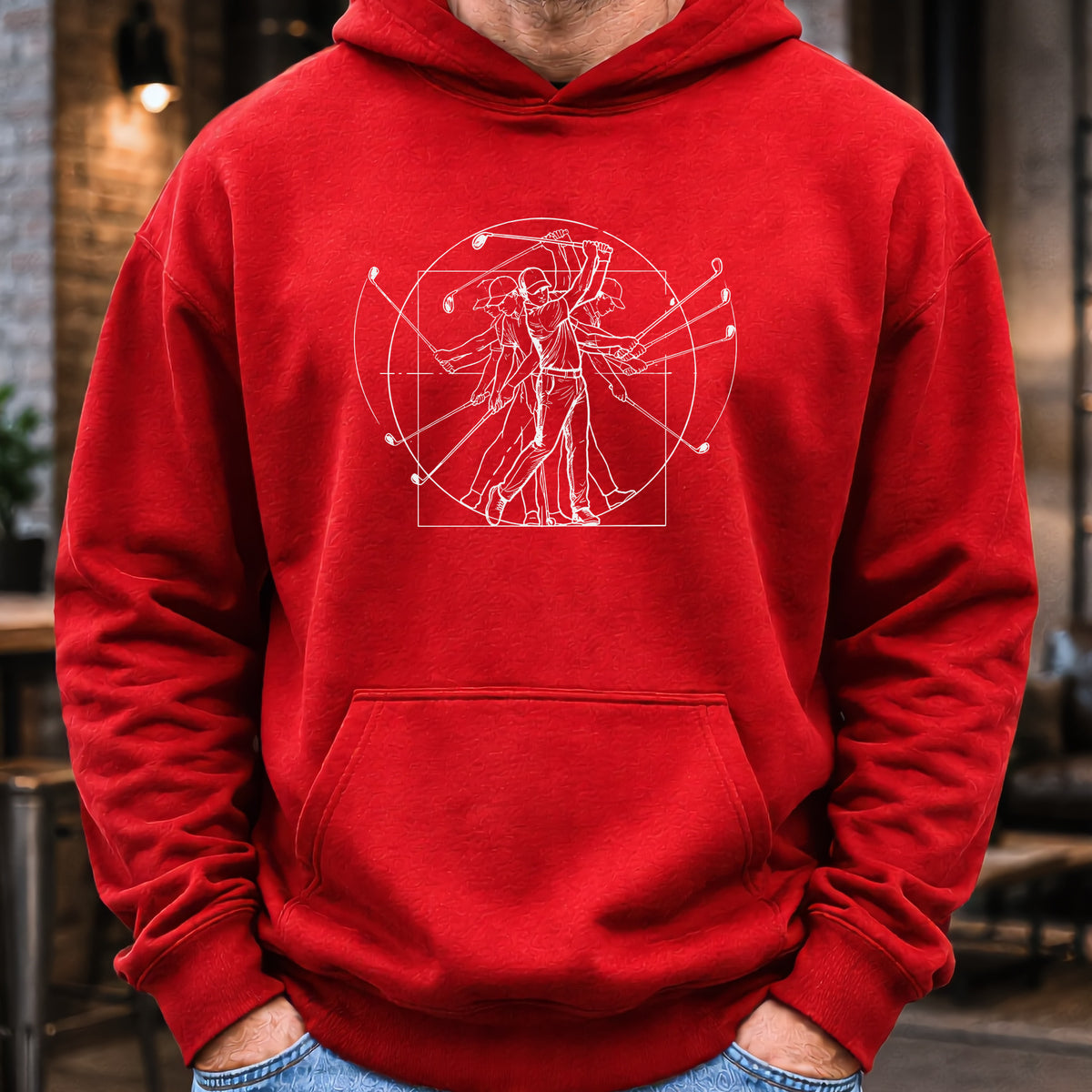 Vitruvian Man Swing Hoodie worn, Red