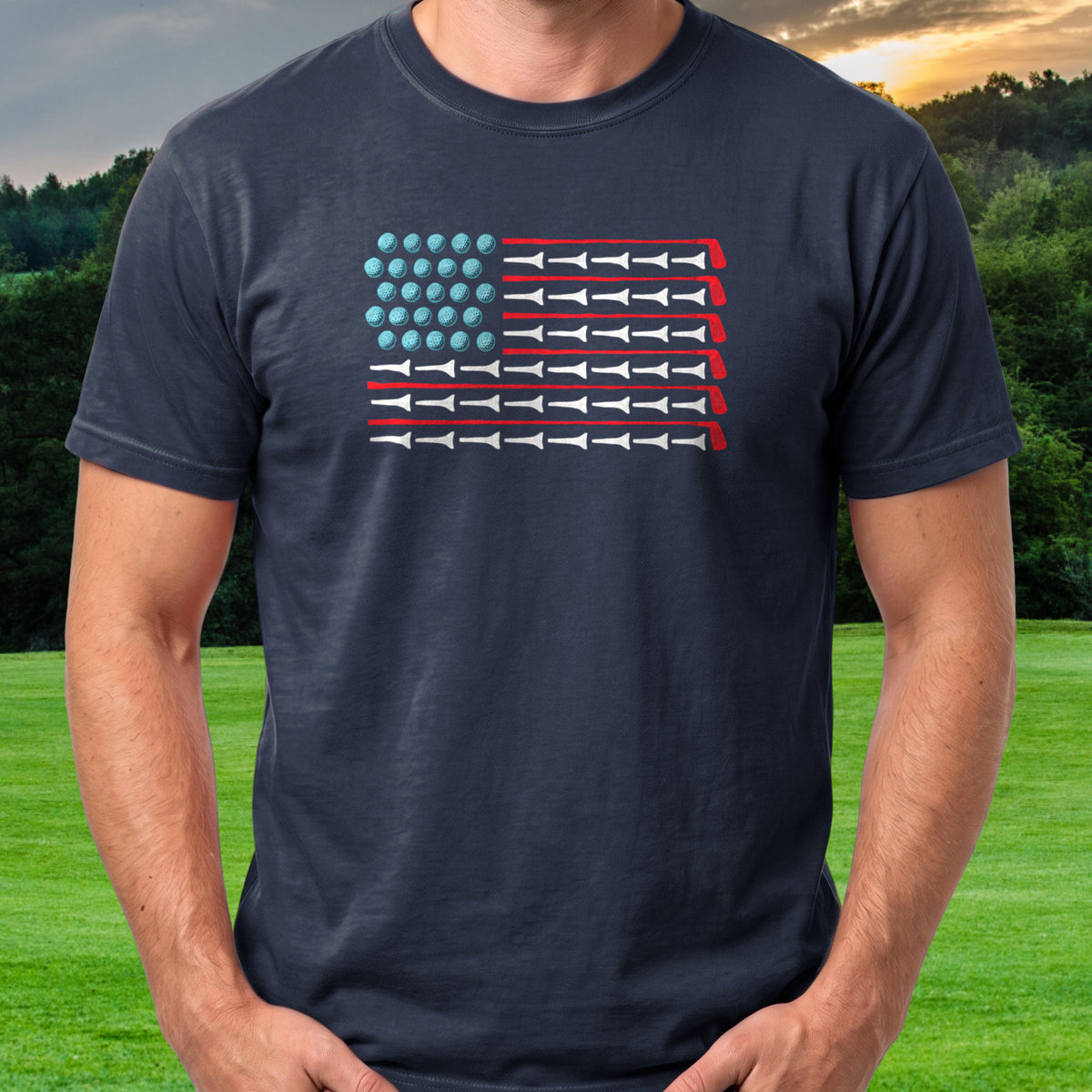 Tees And Irons Flag Tee worn on the golf course, Navy