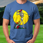 Rose Skeleton Follow Through Pop Art Tee worn on the golf course, Royal